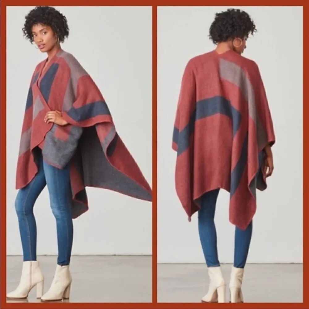 BB Dakota Maroon, Navy & Gray Striped Poncho